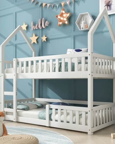 Bunk Bed, Twin Sleeper Bed With Ladder, Solid Wood Frame 3FT Single Bed,