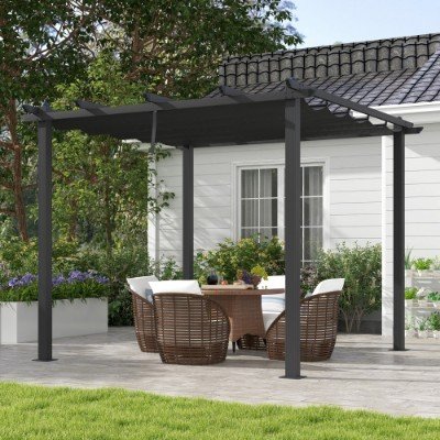 3 X 3m Aluminium Pergola, With Retractable Roof - Dark Grey